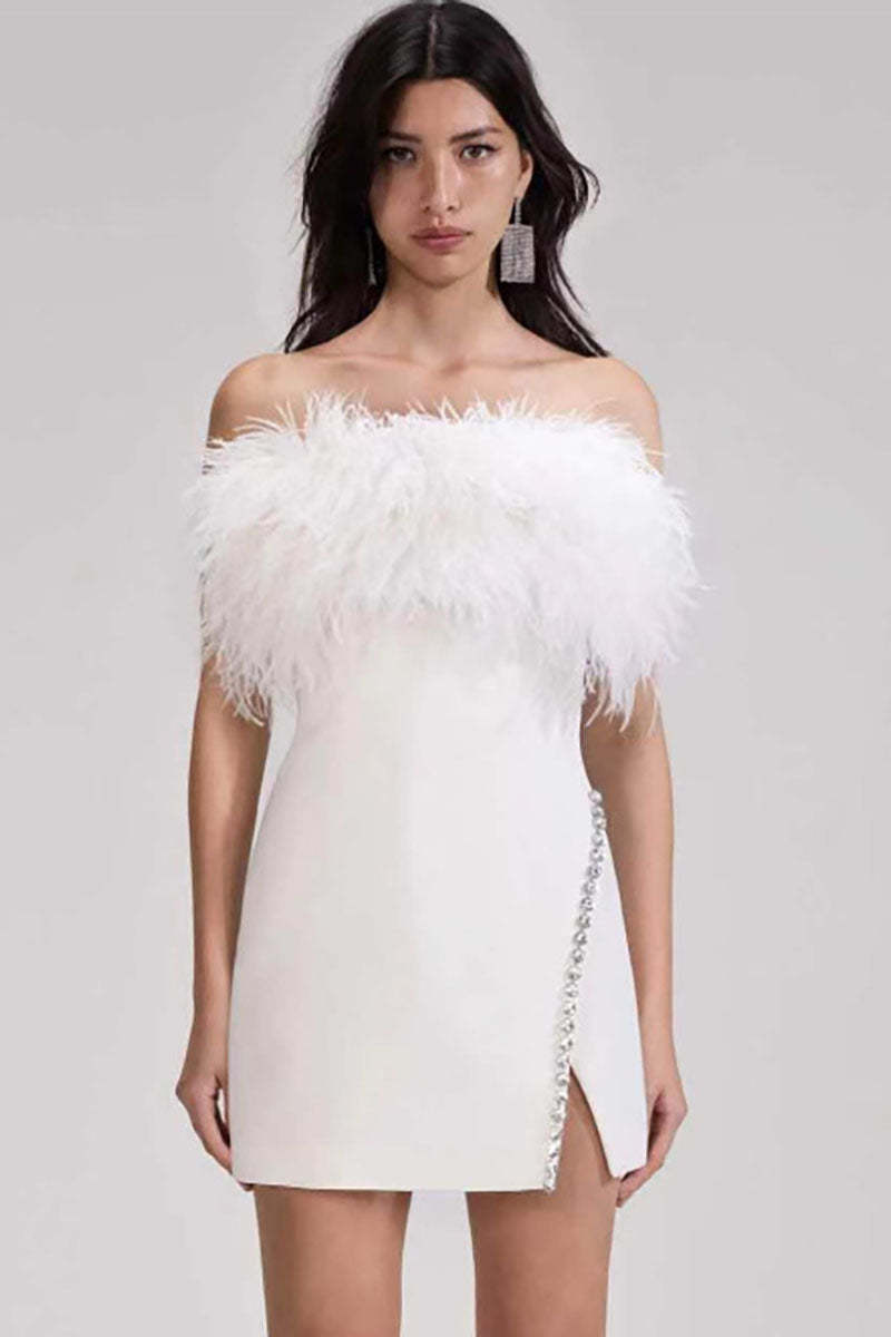 Feather Strapless Slim Fit Rhinestone Trim Slit Cocktail Party Mini Dresses-Black