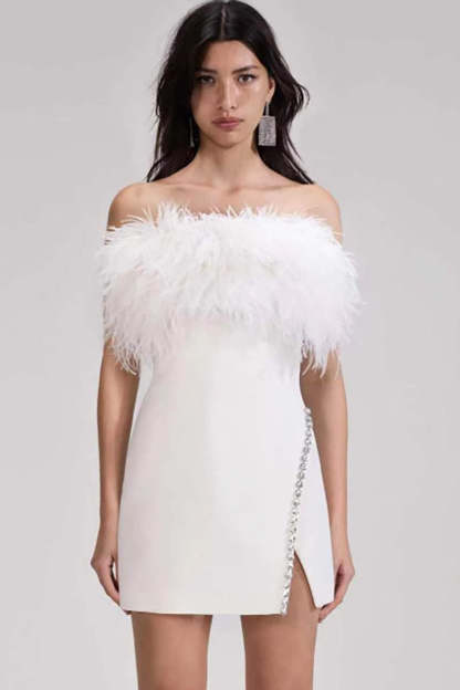 Feather Strapless Slim Fit Rhinestone Trim Slit Cocktail Party Mini Dresses-Black