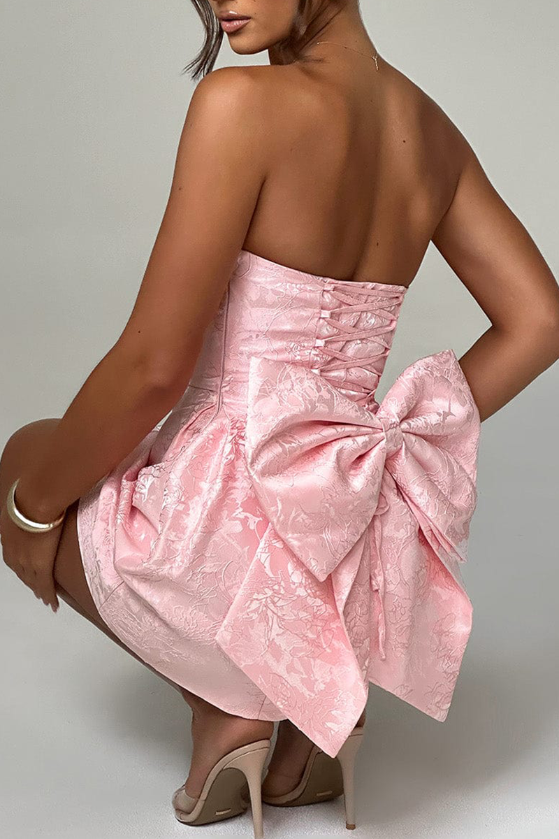 Jacquard Boat Neck A-Line Puffy Hem Back Bow Cocktail Party Mini Dresses-Pink