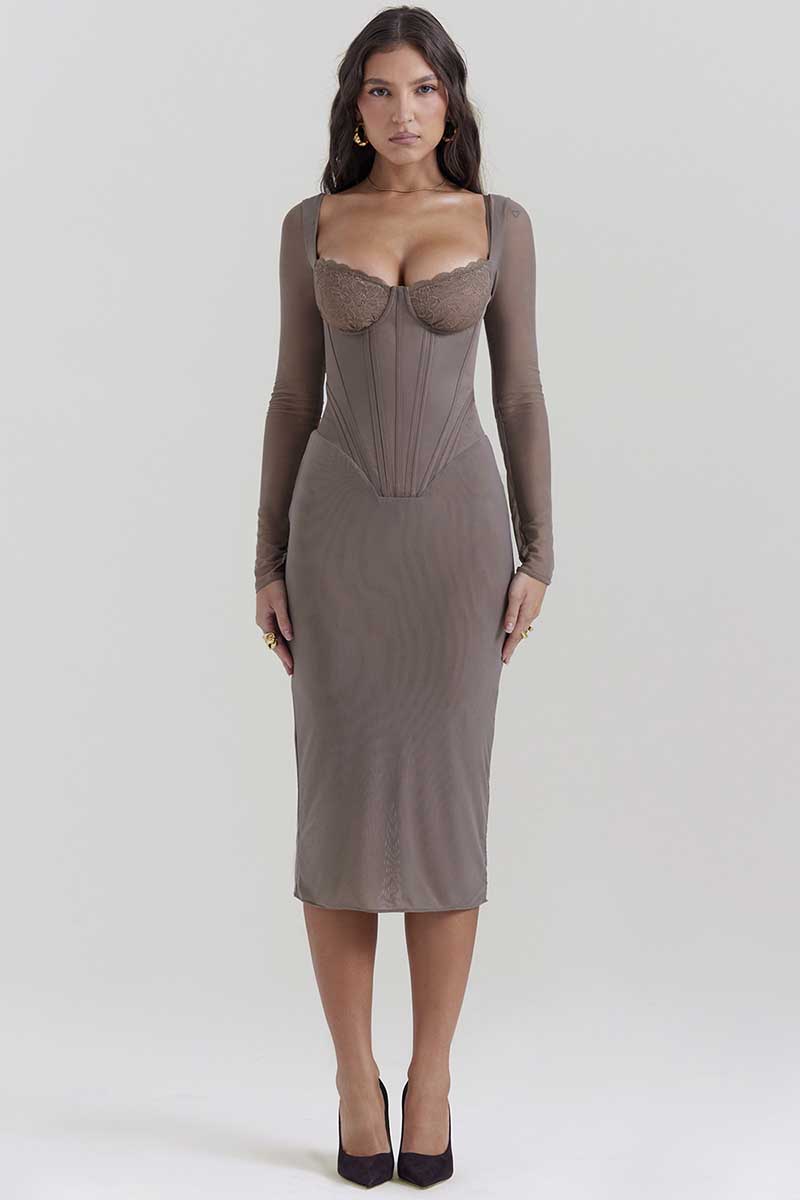 Square Neck Long Sleeve Embroidery Corset Bodycon Midi Dresses-Gray