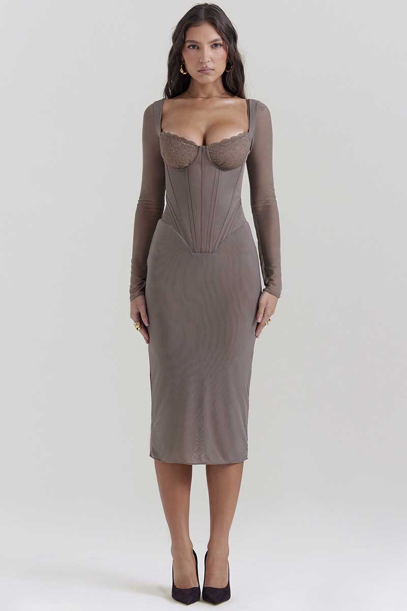 Square Neck Long Sleeve Embroidery Corset Bodycon Midi Dresses-Gray