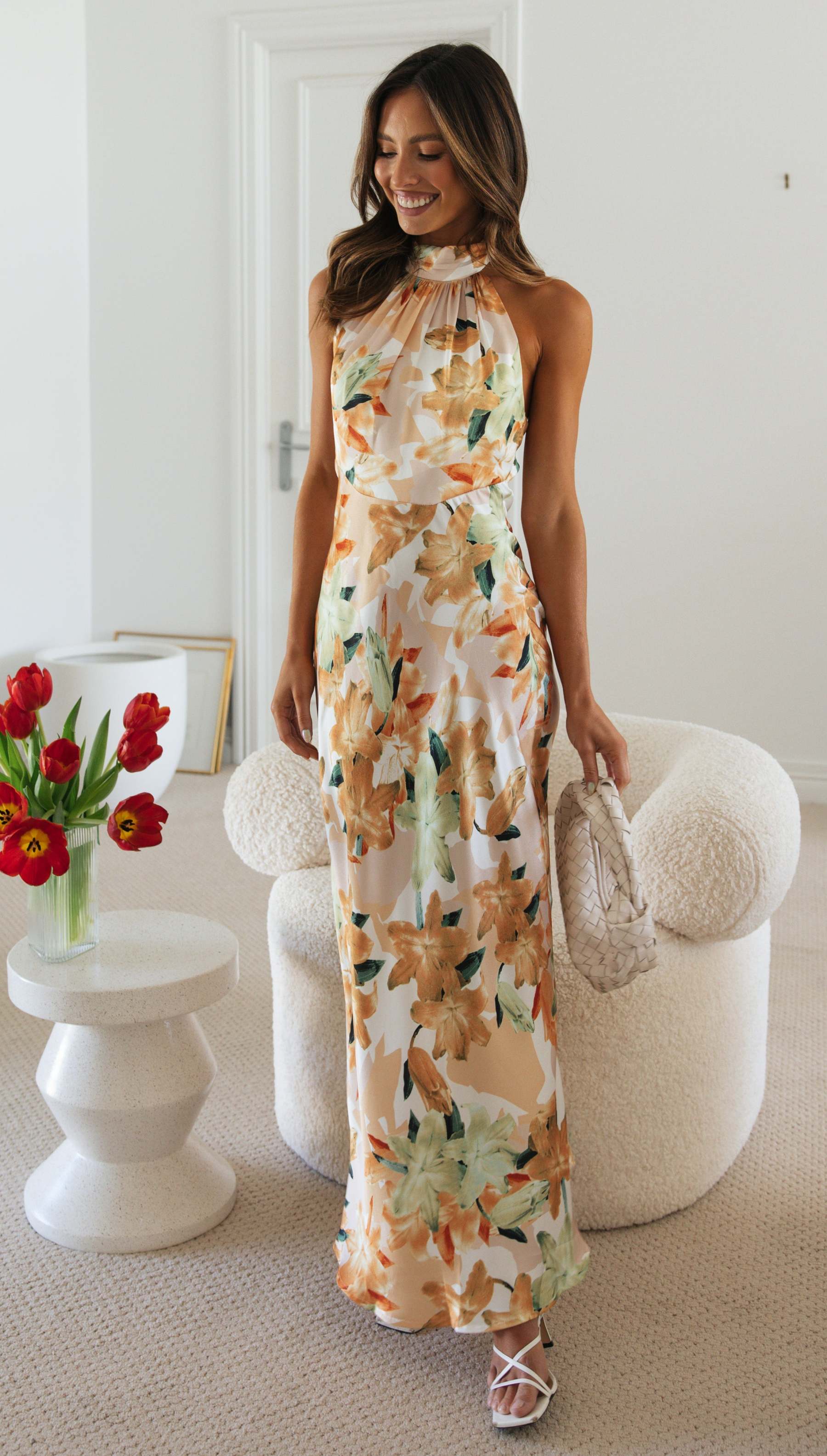 Floral Print Halter Backless Flowy Vacation Maxi Dresses