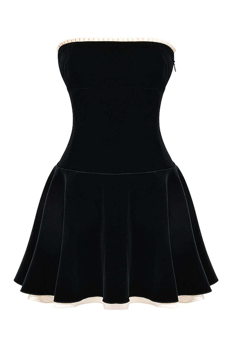 Velvet Strapless Lace Up Corset A-Line Pleated Mini Dresses-Black
