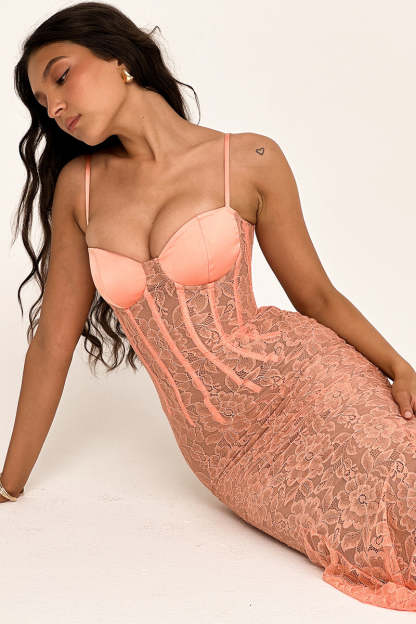 Floral Guipure Lace Corset Party Fishtail Maxi Slip Dresses-Coral