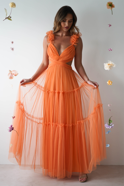 Petal Straps Deep V Neck Backless Tulle Gowns Maxi Dresses-Orange Pre Order
