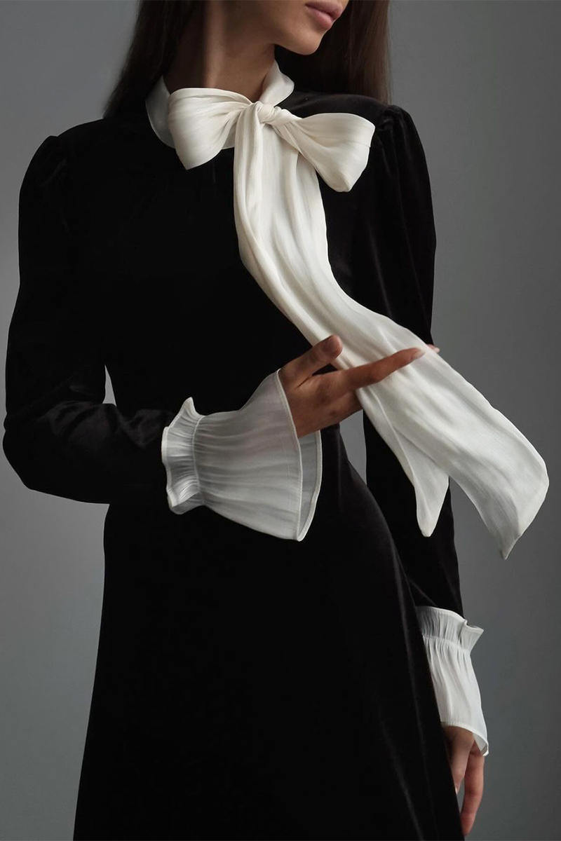 Bow Neckline Flared Sleeve A-Line Velvet Midi Dresses-Black