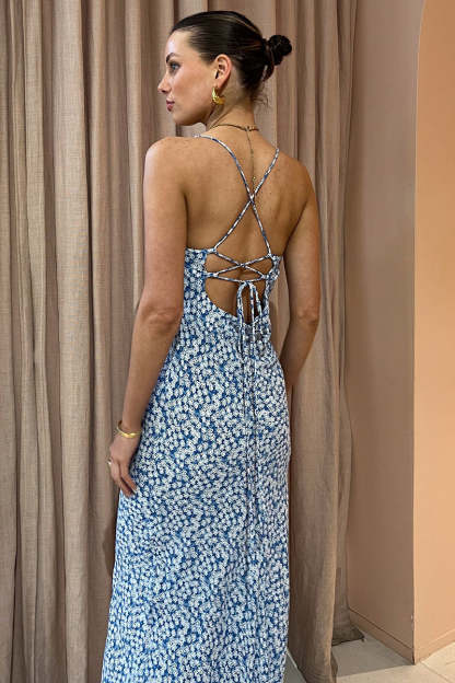 Ditsy Floral Print Crossover Tie Up Backless Cami Vacation Maxi Dresses