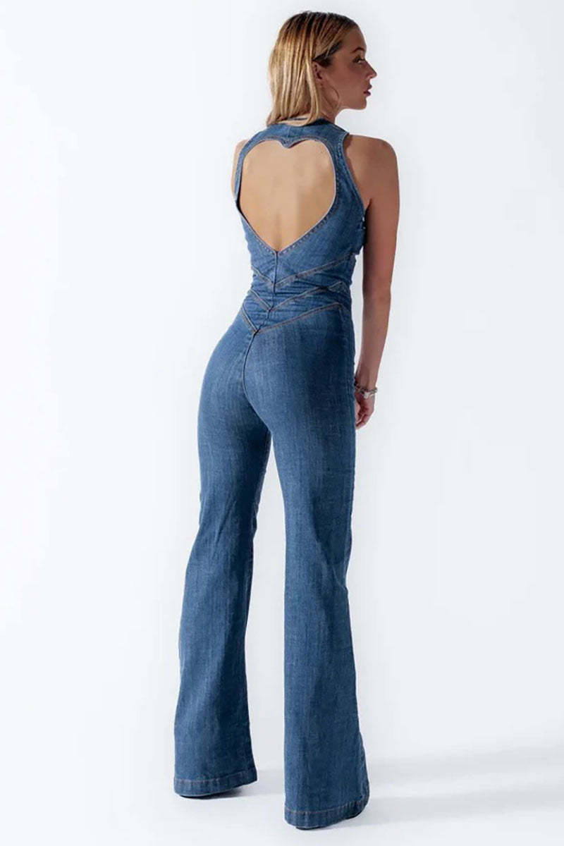 Irregular Neck Sleeveless Slim Heart Shape Cutout Zipper Denim Jumpsuits