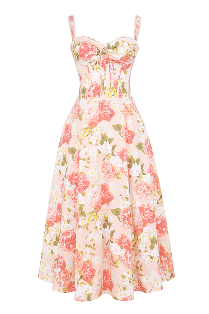 Floral Print Front Tie Up Corset A-Line Garden Party Slip Midi Dresses-Pink