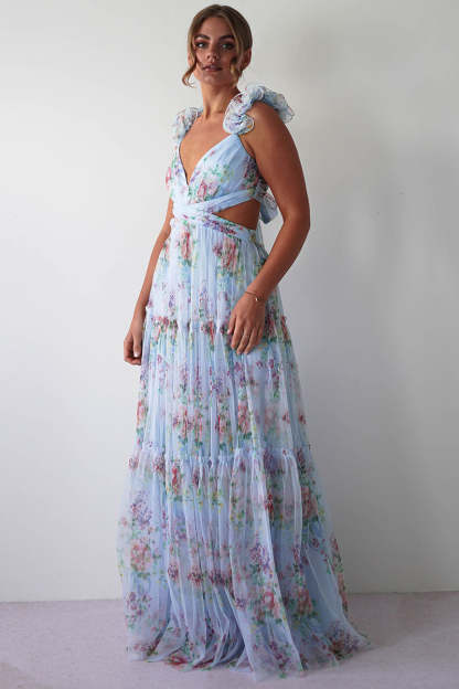 Frill Straps Cutout Tie Up Floral Print Tulle Maxi Dresses-Blue Pre Order