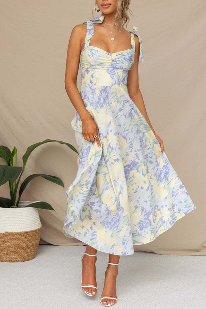 Print Tied Strap Sleeveless Vacation A-Line Midi Dresses