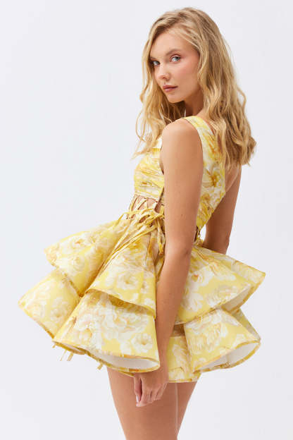 One Shoulder Wrinkle Lace-Up Party Tulle Hem Mini Dresses-Yellow Pre Order