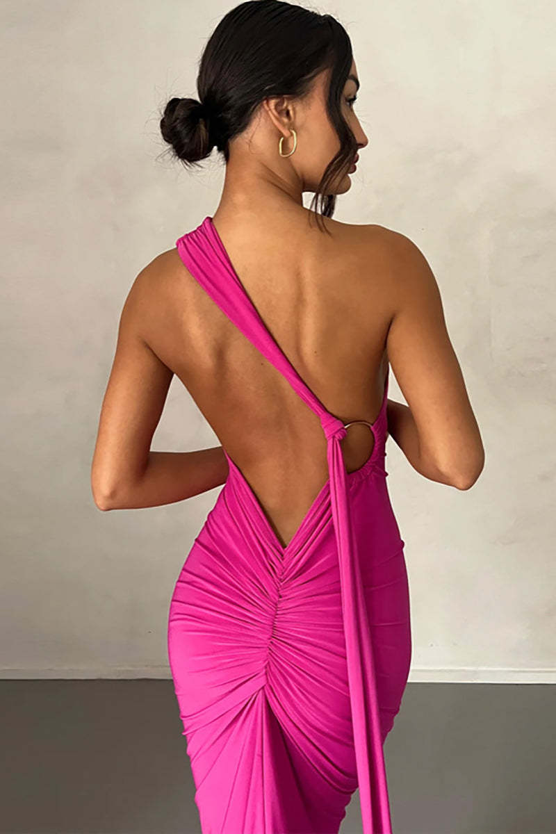 One Shoulder Sleeveless Sash Ring Decor Ruched Backless Elegant Evening Gown White Maxi Dresses