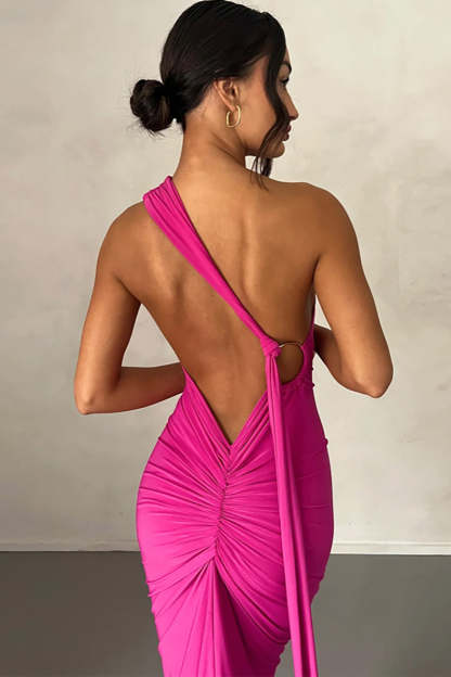 One Shoulder Sleeveless Sash Ring Decor Ruched Backless Elegant Evening Gown White Maxi Dresses