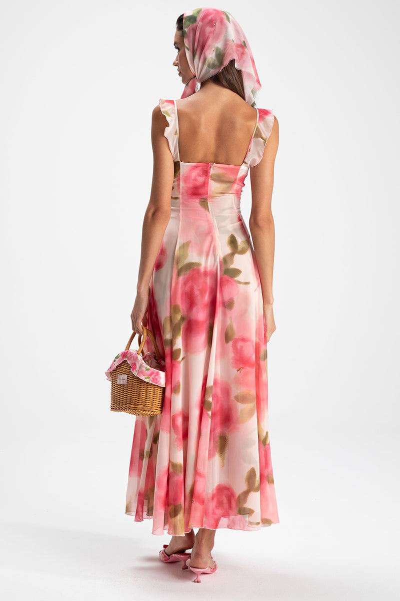 Ruffle Trim Floral Print Sleeveless Vacation Maxi Dresses-Pink