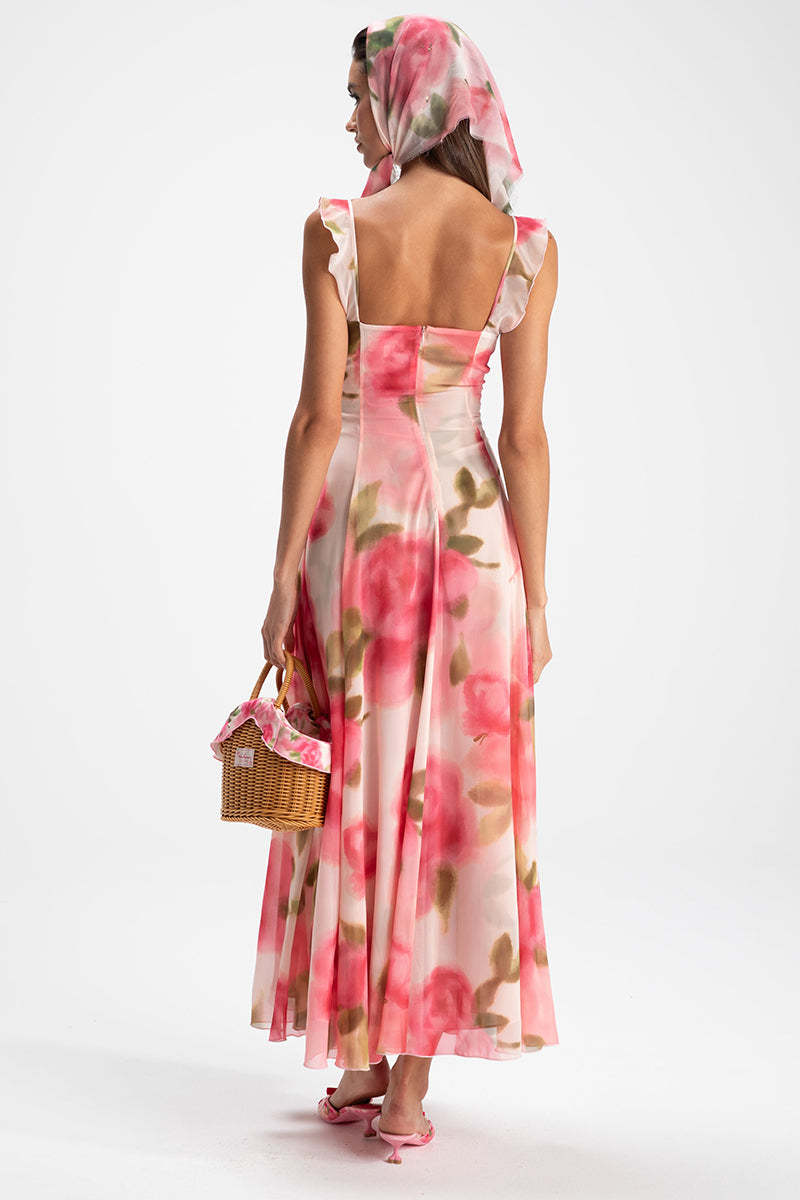 Ruffle Trim Floral Print Sleeveless Vacation Maxi Dresses-Pink
