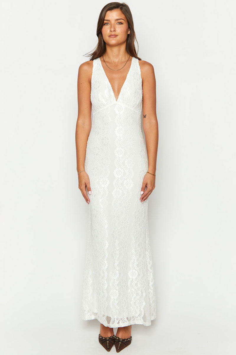 V Neck Open Back Slim Fit Lace Elegant Maxi Dresses-White Pre Order