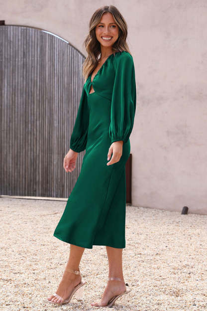 Satin Deep V Neck Lantern Sleeve Tie Up Backless Slim Fit Bridesmaid Gowns Midi Dresses