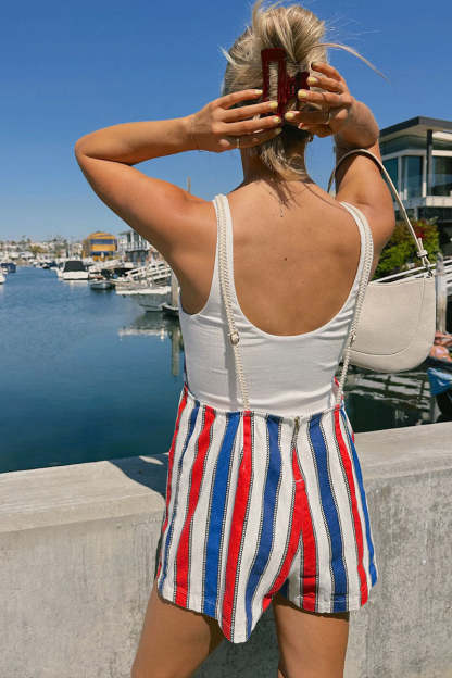Colorblock Striped Pocket Backless Vacation Romper Playsuit-White
