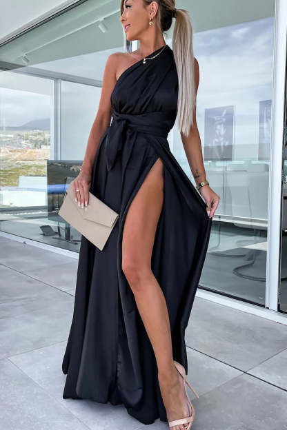 Deep V Neck Wrap Strap High Slit Satin Formal Party Maxi Dress
