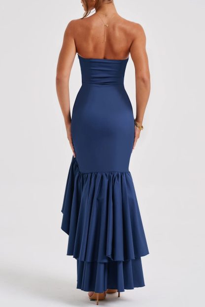 Strapless Bodycon Asymmetric Ruffled Slit Formal Party Maxi Dresses-Blue