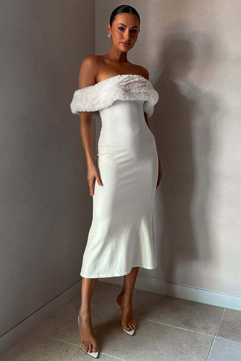 Fuzzy Patchwork Off Shoulder Knit Slim Fit Sweater Midi Dresses-White