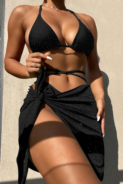 Lace Up Halter Mini Skirt Three-Piece Bikini Set
