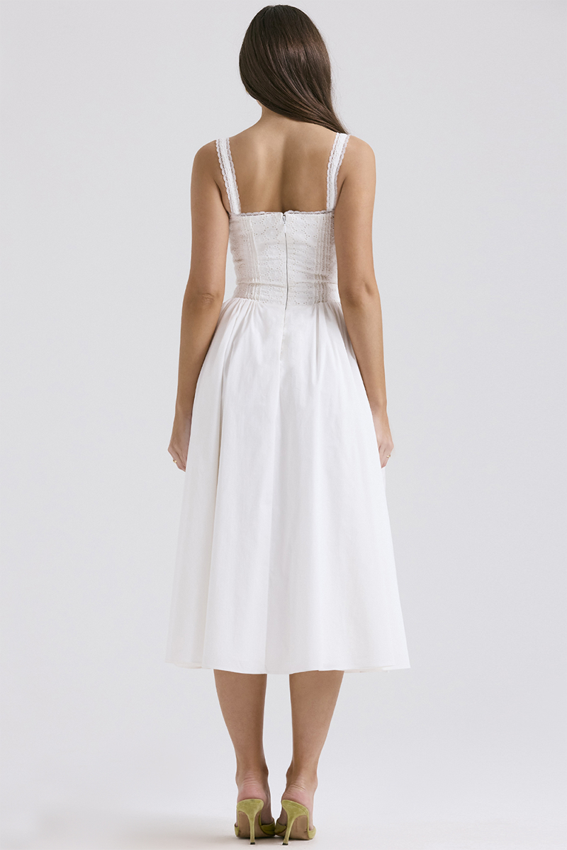 Lace Trim Front Lace Up Corset A-Line Slip Midi Dresses-White Pre Order