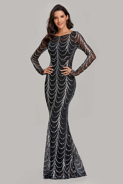 Sequin Slim Prom Mermaid Long Sleeve Maxi Dresses