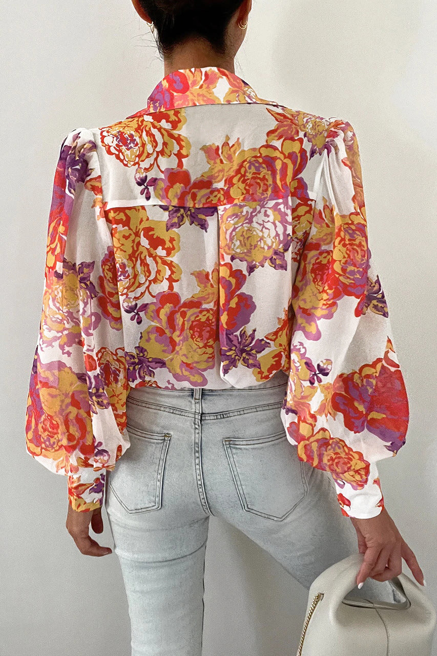 Print Sheer Puff Sleeves Blouse