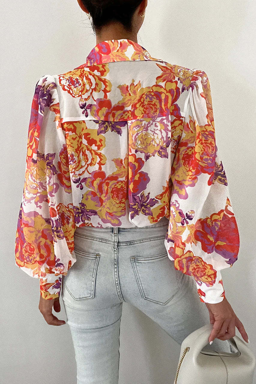 Print Sheer Puff Sleeves Blouse
