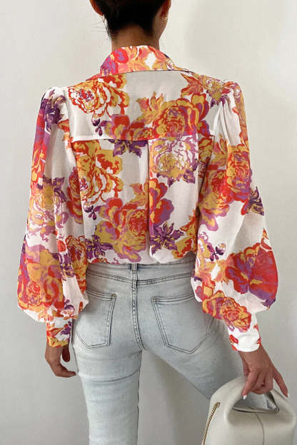 Print Sheer Puff Sleeves Blouse