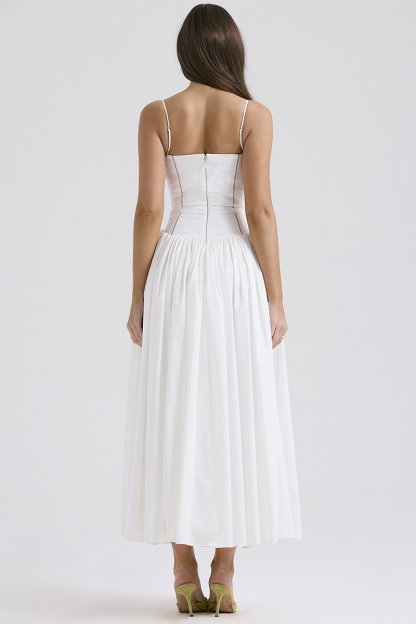 Spaghetti Strap Boat Neck Cinch Waist Pleated Hem Maxi Dresses-White