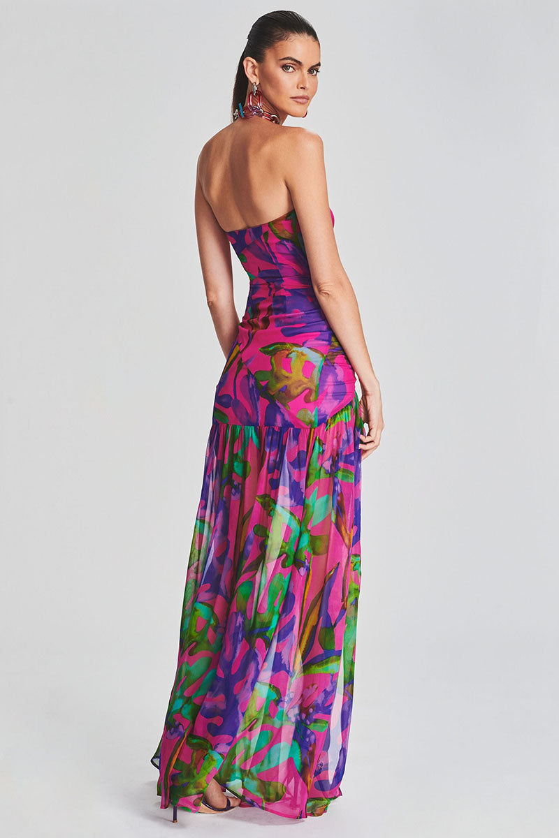 Tropical Print Strapless Mesh Patchwork Slit Hem Vacation Maxi Dress