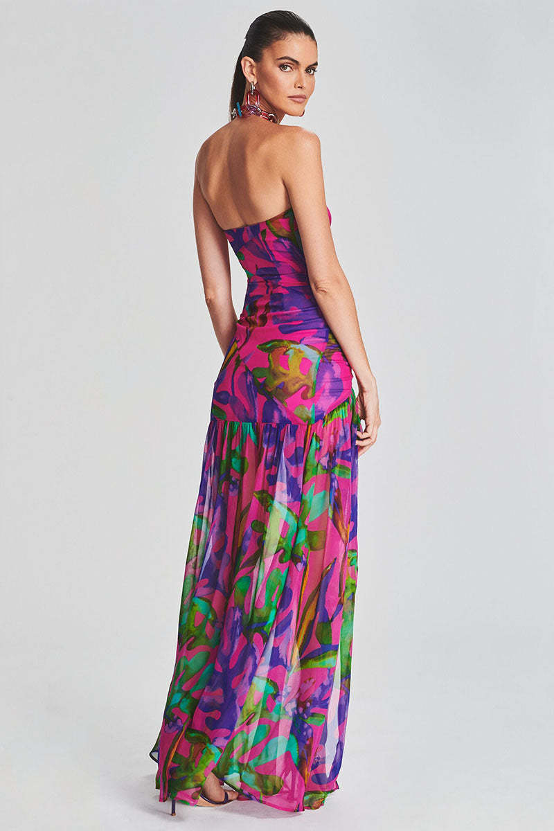 Tropical Print Strapless Mesh Patchwork Slit Hem Vacation Maxi Dress