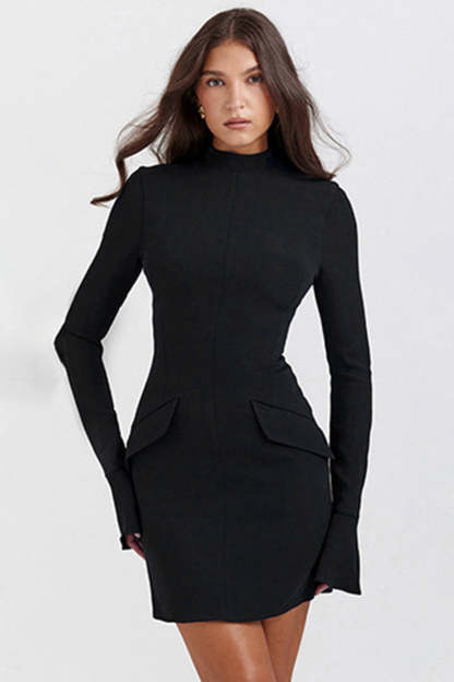 Plain Mock Neck Flared Sleeve Slim Fit Pocket Mini Dresses-Blue