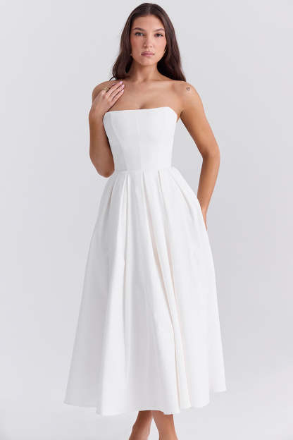 Elegant Strapless Corset Back Zipper Pleated Midi Dresses-White