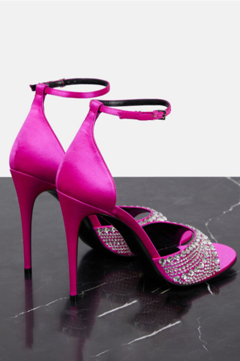 Peep-Toe Rhinestone Decor Ankle Strap Stiletto Heels-Fuchsia