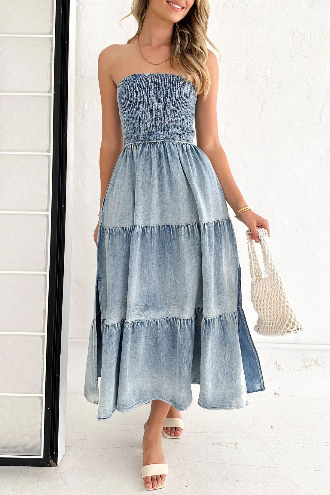 Boat Neck A-Line Side Slit Denim Distressed Midi Tube Dresses-Blue