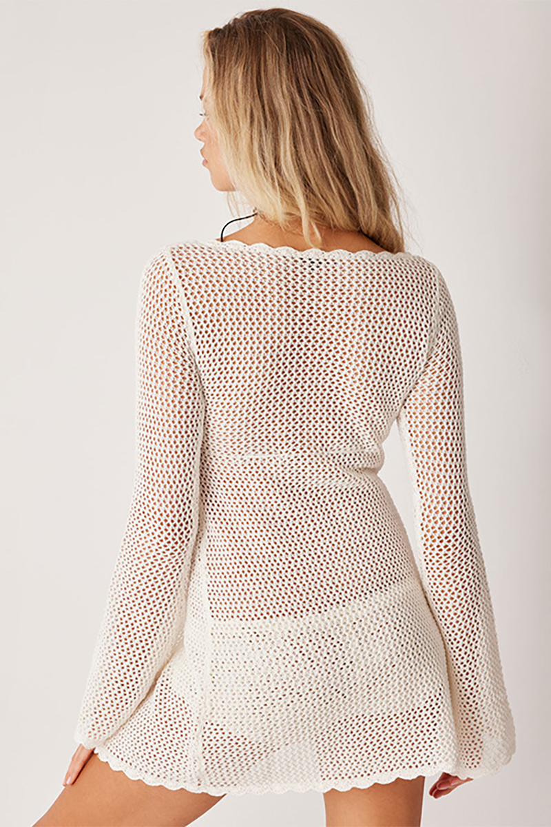 Hollow Out Knit Ripple Trim U Neck Flared Sleeve Slit Front Top Bikini Cover Ups-White