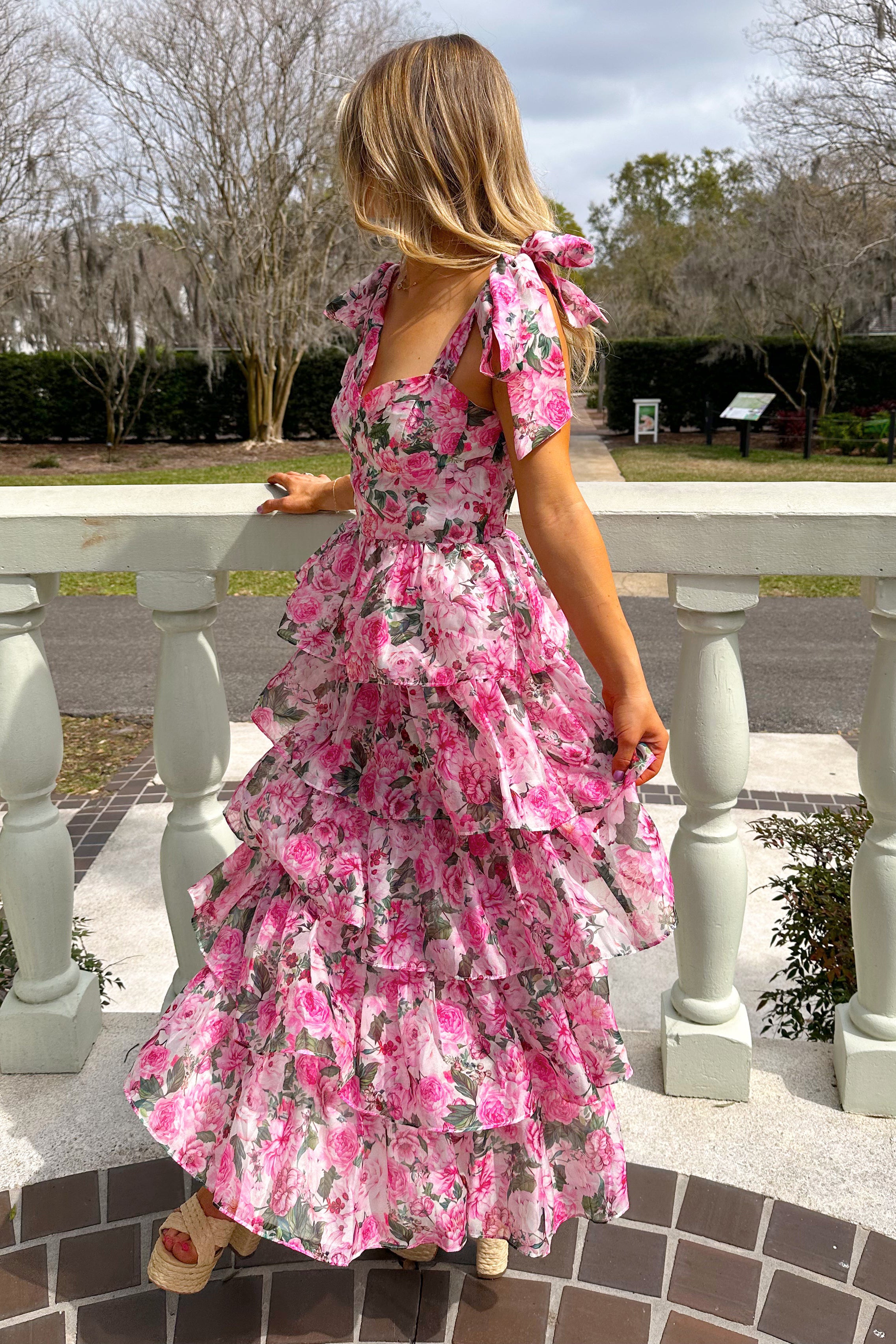 Floral Print Tie Up Cami Tiered Ruffled Hem Midi Dresses-Pink