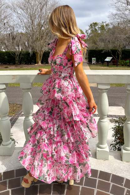Floral Print Tie Up Cami Tiered Ruffled Hem Midi Dresses-Pink