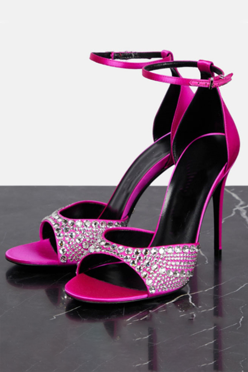 Peep-Toe Rhinestone Decor Ankle Strap Stiletto Heels-Fuchsia