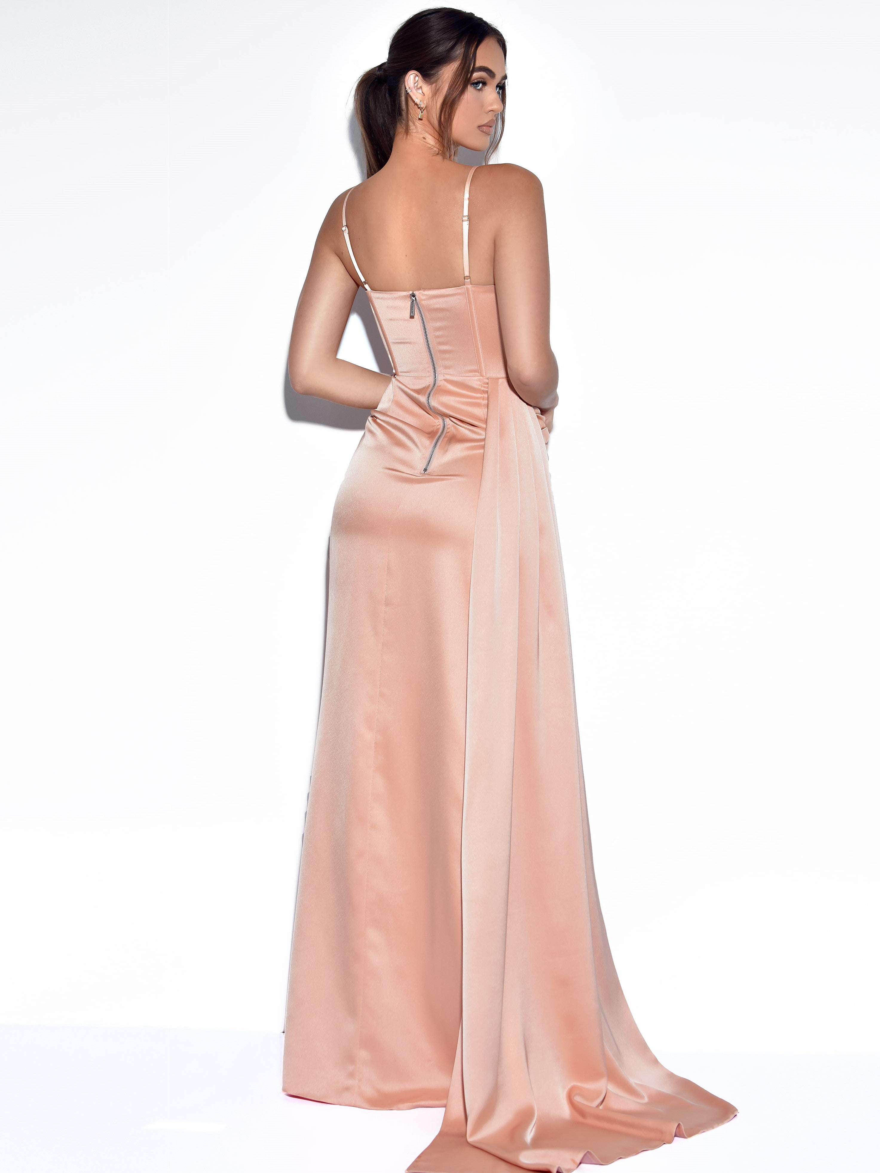 High Slit Irregular Neckline Satin Gown Slip Maxi Dresses