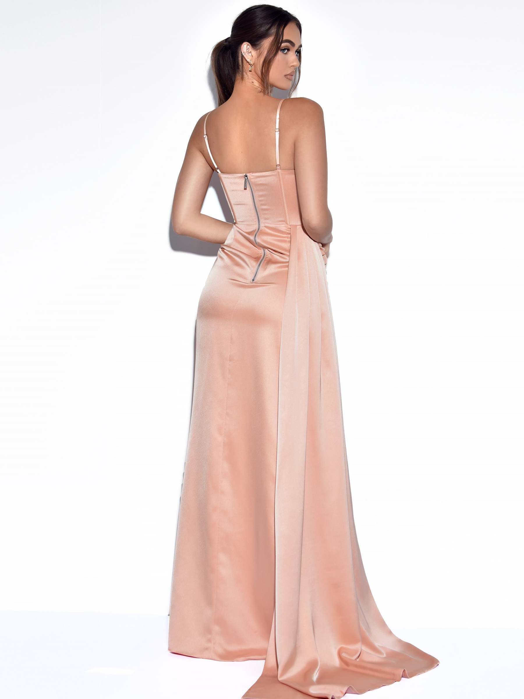 High Slit Irregular Neckline Satin Gown Slip Maxi Dresses