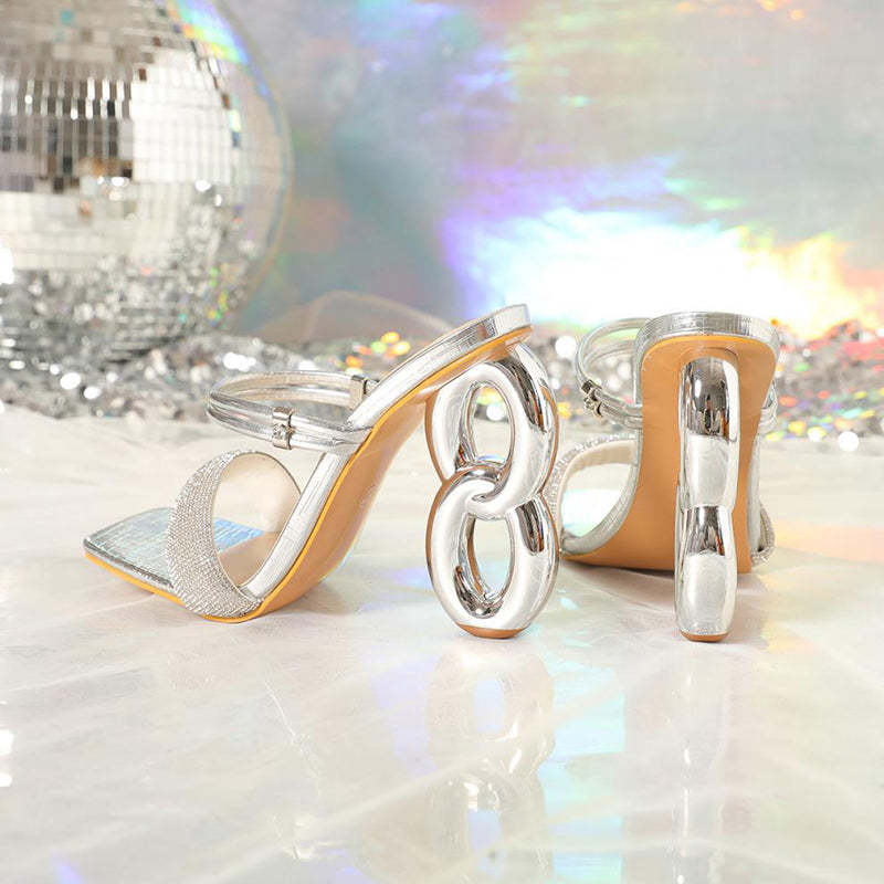 Multi Straps Metallic Sheen Square Toe Slip On Sandal Heels