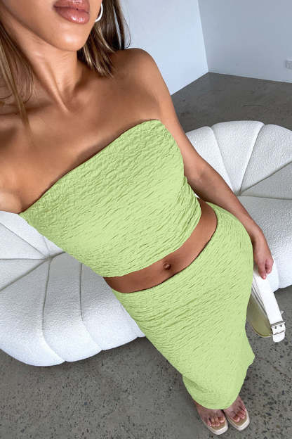 Textured Crop Tube Top Split Bodycon Maxi Skirt Matching Set-White