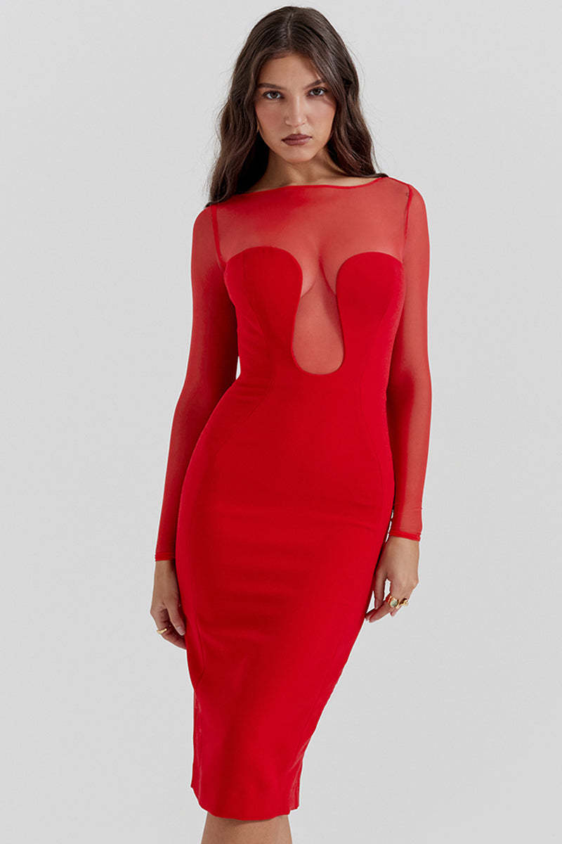 Mesh Patchwork Long Sleeve Irregular Corset Bodycon Midi Dresses-Red