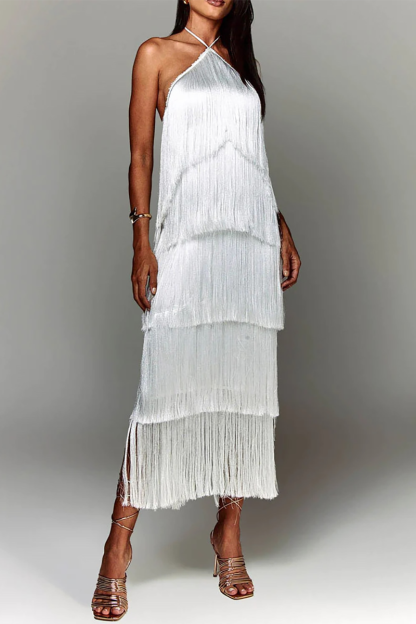 Tiered Fringed Sleeveless Halter Open Back Prom Party Maxi Dresses-Brown