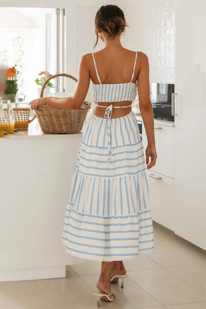 Spaghetti Strap Cutout Striped Vacation Midi Dresses-White